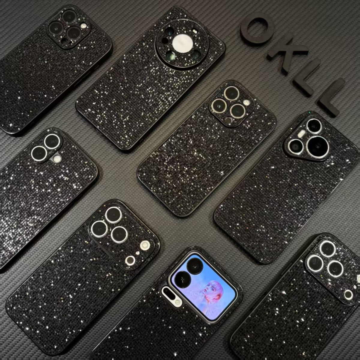 212.ブラックグリッター スマホケース キラキラ ラメ レディース 大人っぽい 携帯カバー iPhone Android 対応