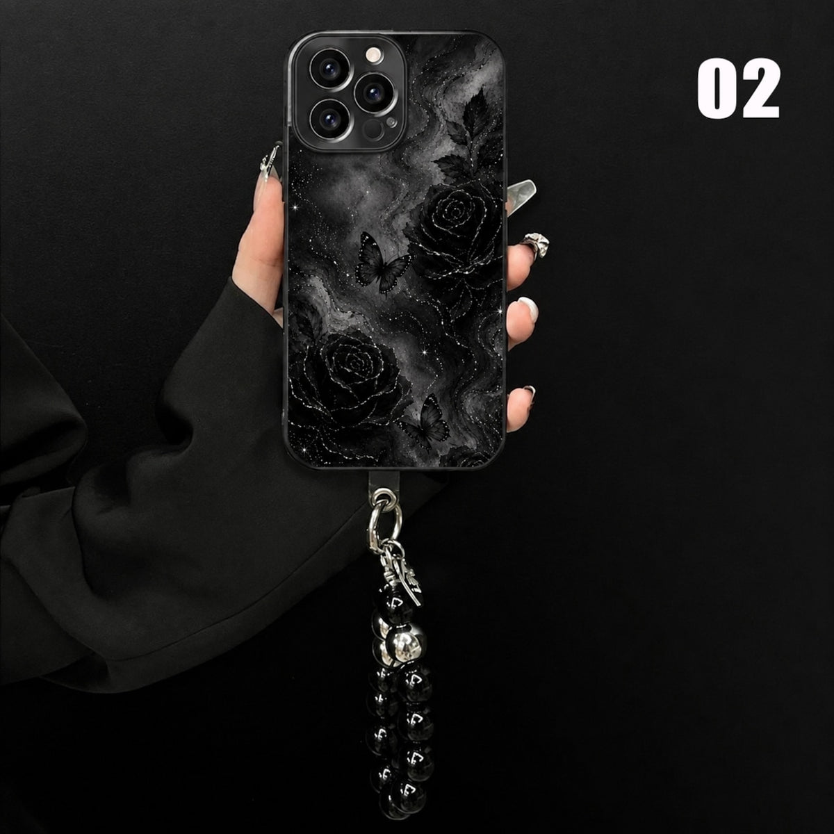102.メタリック塗装 液状メッキガラス 高級感 ブラックローズデザイン iPhone シリーズ対応 スマホケース