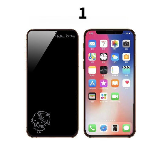 033.iPhone 17 Pro Max用 強化ガラスフィルム カートゥーン柄 画面オフデザイン 飛散防止