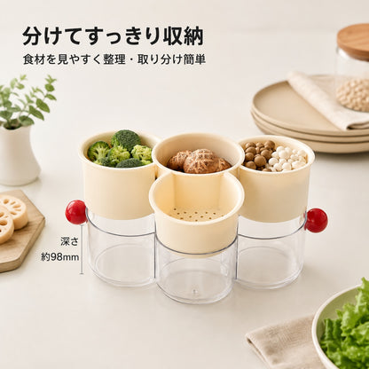 094.回転式仕切り付き食材プレート 二段水切り 重ね置き可能 キッチン下ごしらえトレイ 鍋用野菜・フルーツ盛り皿