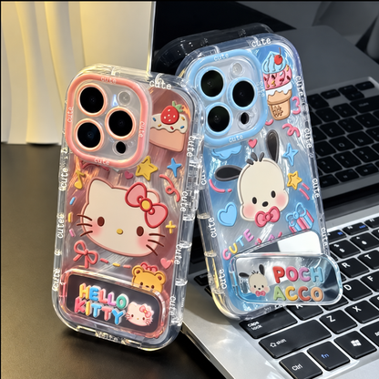 159.ハローキティ ポチャッコ iPhone ケース スタンド付き 透明耐衝撃 かわいいキャラスマホカバー レディース