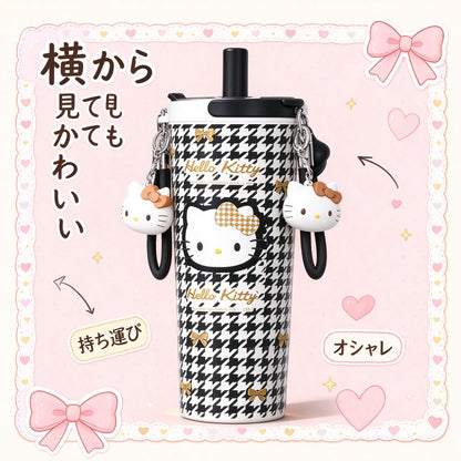 189.1Hello Kitty 水筒 650ml 真空断熱ステンレスボトル ストロー付き 千鳥柄 保冷保温 キーホルダー・ステッカー付き 漏れ防止 通勤 通学 プレゼント