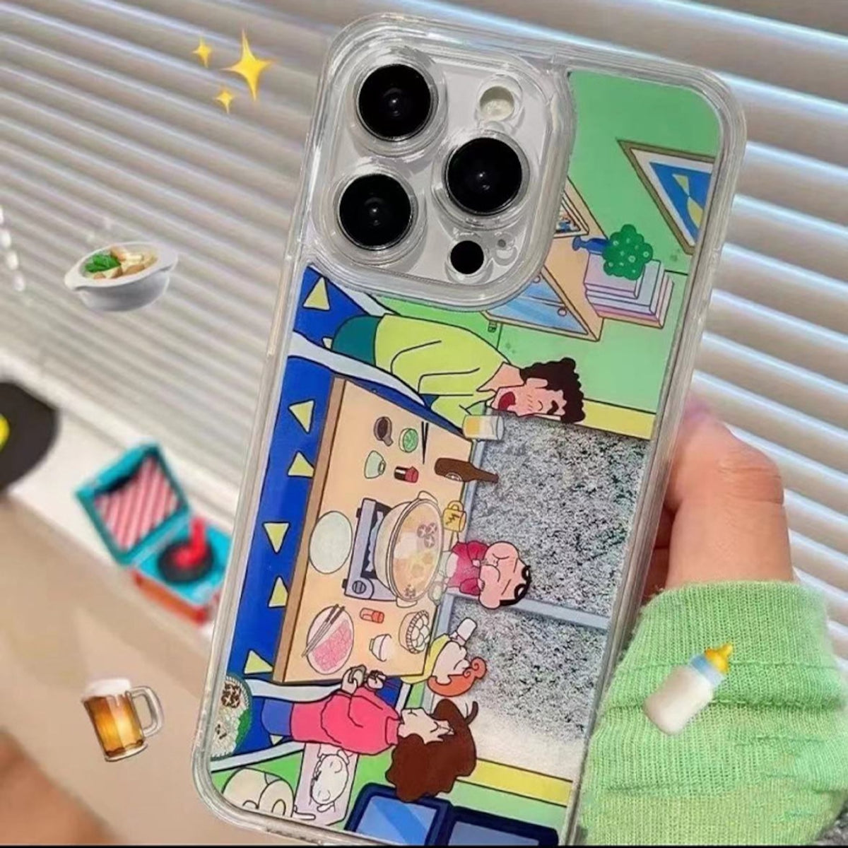 126.クレヨンしんちゃん一家 鍋パーティー 流れる砂スマホケース トレンドデザイン ファクトリー直販 Huawei/Vivo/Xiaomi/Oppo/iPhone 対応