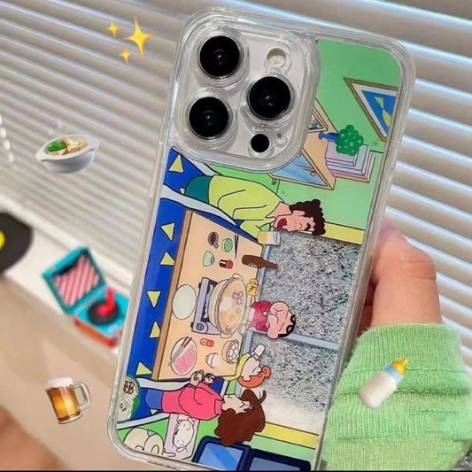 126.クレヨンしんちゃん一家 鍋パーティー 流れる砂スマホケース トレンドデザイン ファクトリー直販 Huawei/Vivo/Xiaomi/Oppo/iPhone 対応