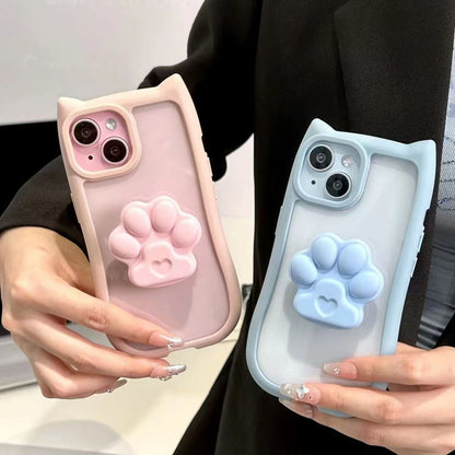 205.猫耳デザイン 肉球グリップ付き iPhone ケース 3 カラー 可愛い 韓国風 落下防止 スタンド機能付き スマホカバー