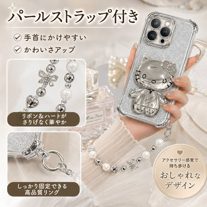 074.メッキ四隅耐衝撃 iPhone ケース キュートなハローキティ付きミラースタンド付き おしゃれデザイン