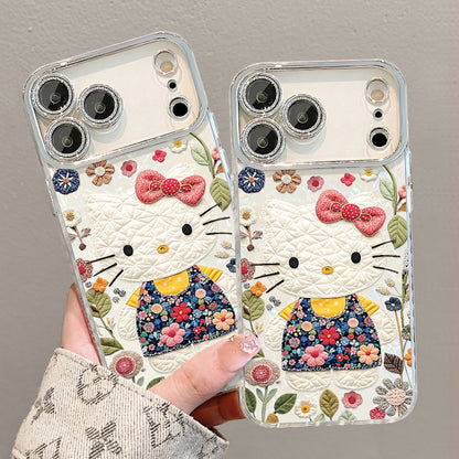 105.iPhone17ProMax 化 クリア 花柄ハローキティ ビーズチェーン付き ハード & ソフト両用 UV 印刷スマホケース