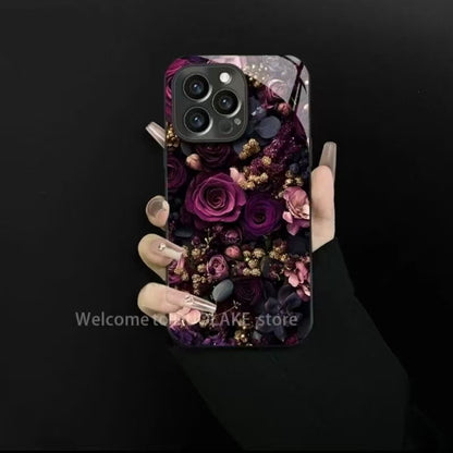 133.バラのつぼみデザイン ガラス製スマホケース iPhone16/15ProMax/14/13/12/XS/XR/11 対応
