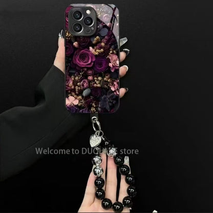 133.バラのつぼみデザイン ガラス製スマホケース iPhone16/15ProMax/14/13/12/XS/XR/11 対応