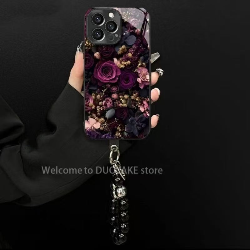 133.バラのつぼみデザイン ガラス製スマホケース iPhone16/15ProMax/14/13/12/XS/XR/11 対応