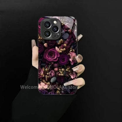133.バラのつぼみデザイン ガラス製スマホケース iPhone16/15ProMax/14/13/12/XS/XR/11 対応