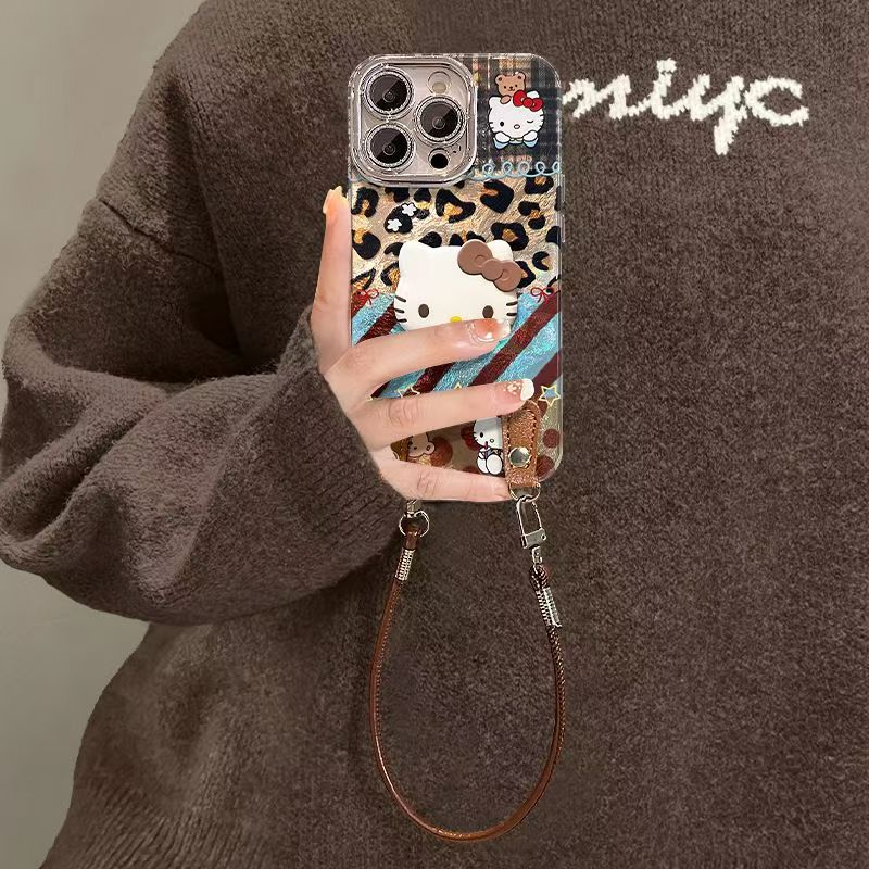 185.iPhone 15 Pro Max ケース ハローキティ 豹柄 チェック 斜め掛けストラップ付き 3D キャラクタースタンド機能 可愛い おしゃれ 耐衝撃 薄型 携帯カバー アイフォン 15 プロマックス