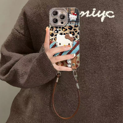 185.iPhone 15 Pro Max ケース ハローキティ 豹柄 チェック 斜め掛けストラップ付き 3D キャラクタースタンド機能 可愛い おしゃれ 耐衝撃 薄型 携帯カバー アイフォン 15 プロマックス