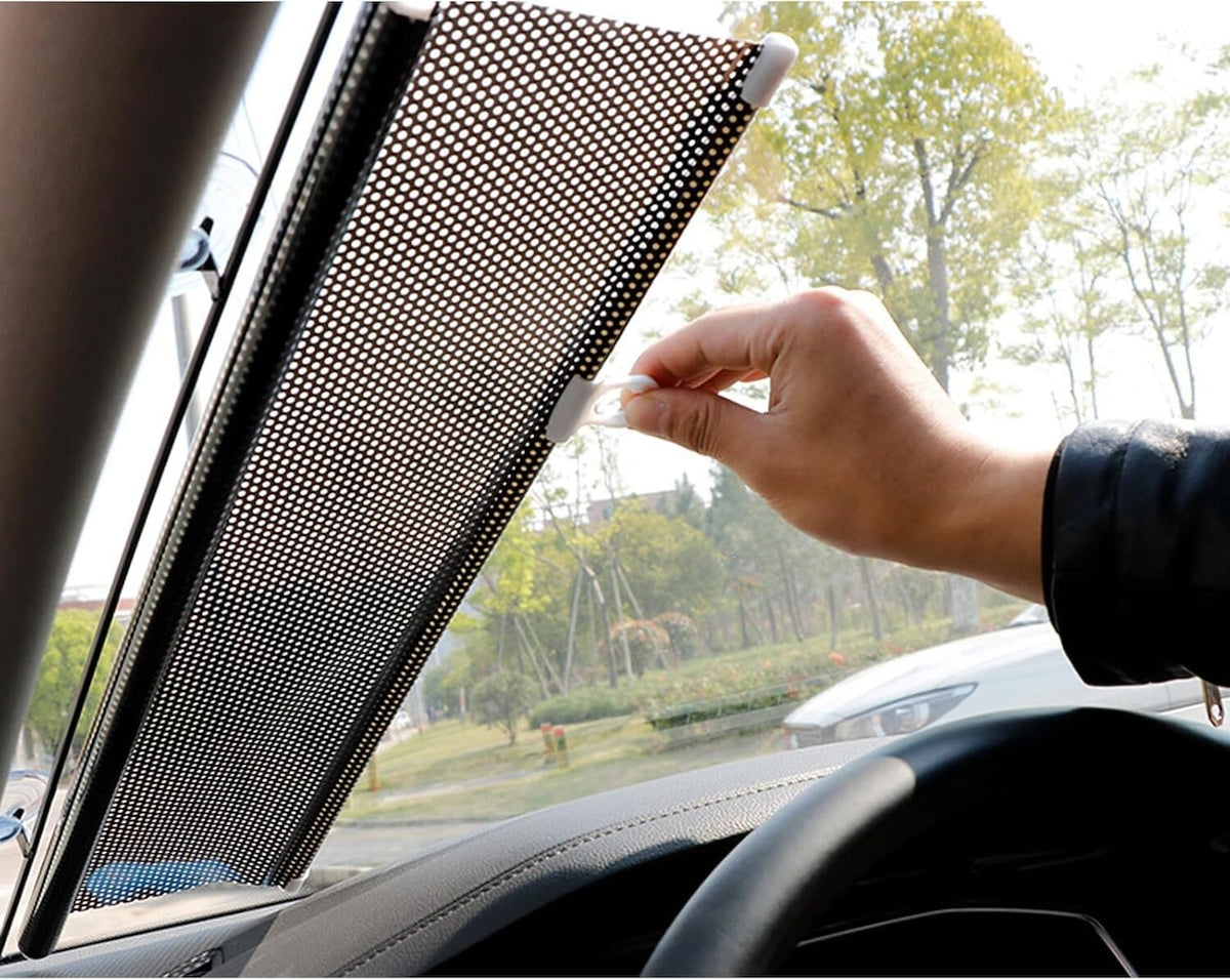 B078.車用サンシェード 伸縮ローラー式 前後ガラス兼用 紫外線カット ブラインドタイプ 吸盤付き