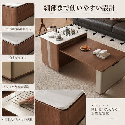 062.無垢材伸縮折り畳みテーブル｜移動式コーヒーテーブル兼食卓 ワンルーム・狭小住宅に最適