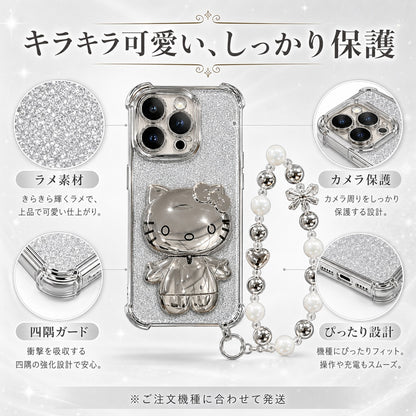 074.メッキ四隅耐衝撃 iPhone ケース キュートなハローキティ付きミラースタンド付き おしゃれデザイン