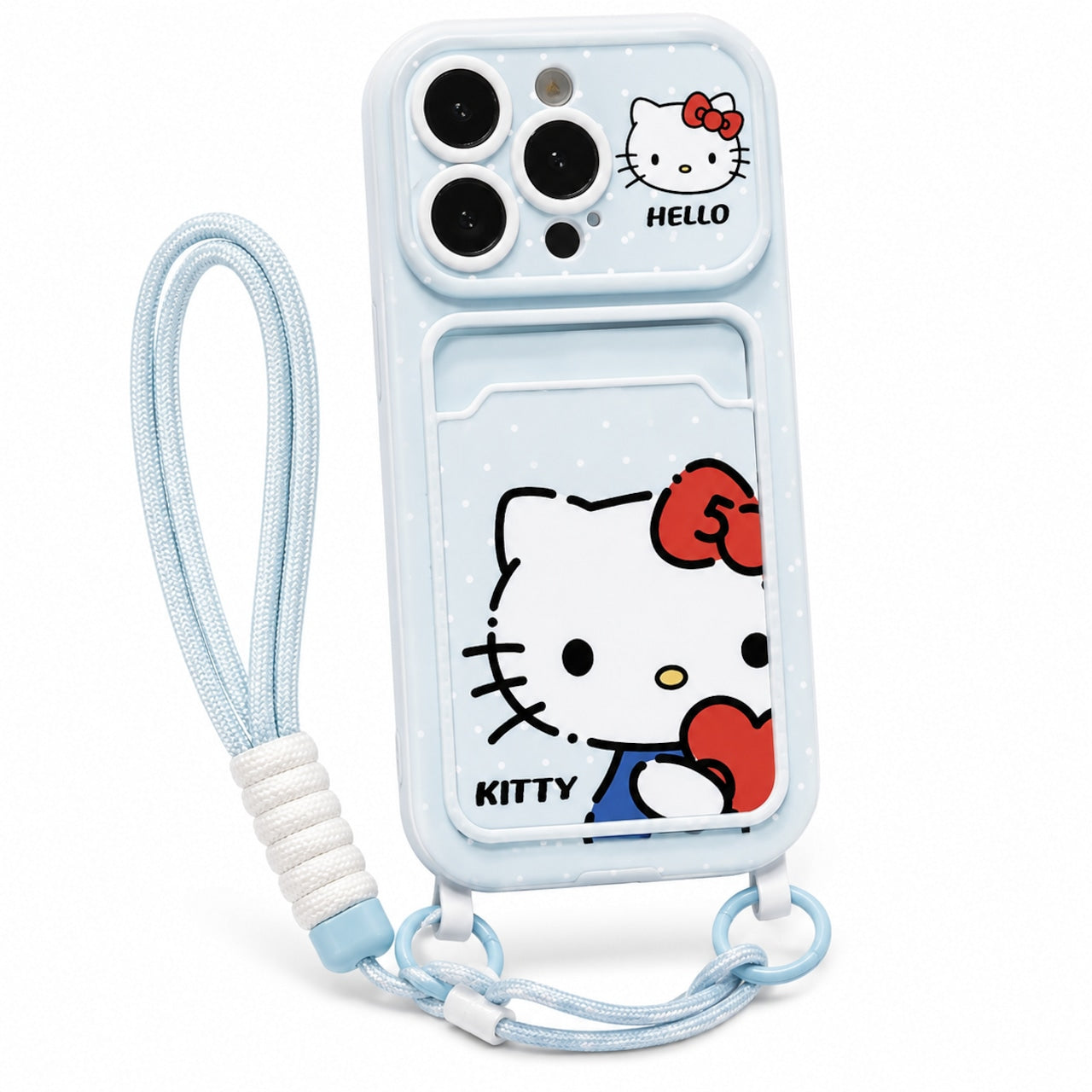 118.ブルー ドット柄ハローキティ カードポケット付きスマホケース 大きなレンズ窓 ソフトケース iPhone17ProMax/16/15/14/13 対応