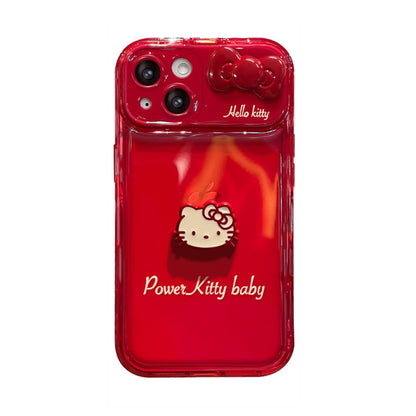 119.立体猫リボン ふわふわストラップ付き フリップミラースマホケース かわいいキャラクター iPhone16Pro/15/14/7/8 対応