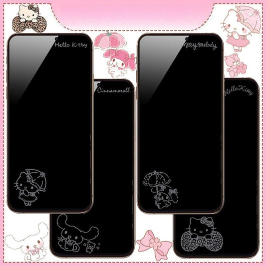 033.iPhone 17 Pro Max用 強化ガラスフィルム カートゥーン柄 画面オフデザイン 飛散防止