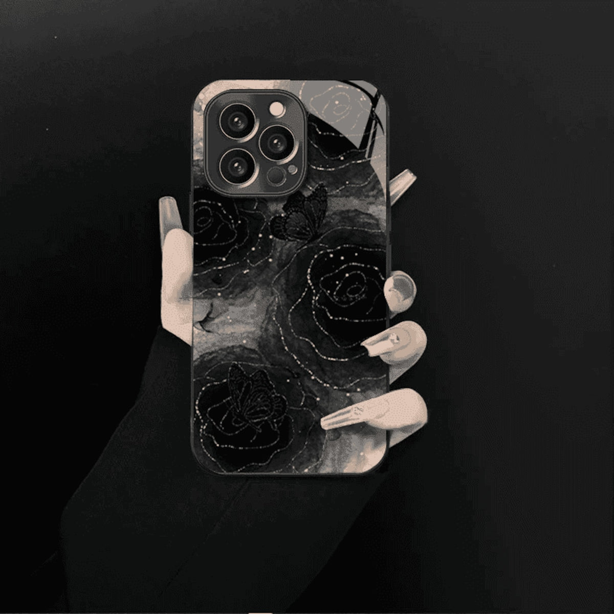 102.メタリック塗装 液状メッキガラス 高級感 ブラックローズデザイン iPhone シリーズ対応 スマホケース
