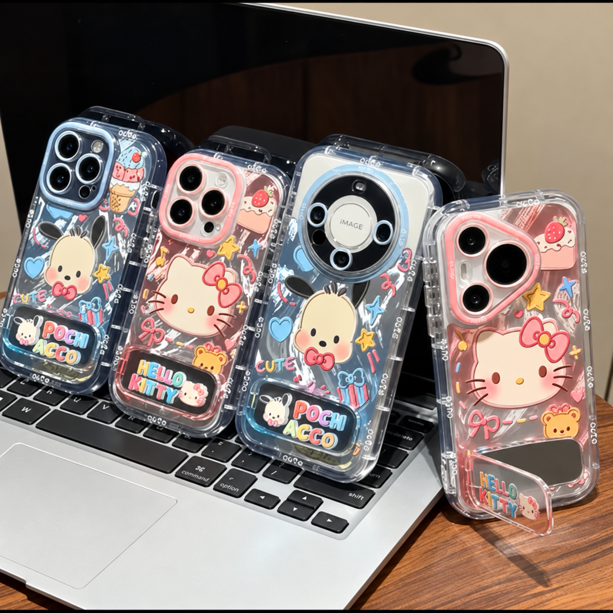 159.ハローキティ ポチャッコ iPhone ケース スタンド付き 透明耐衝撃 かわいいキャラスマホカバー レディース