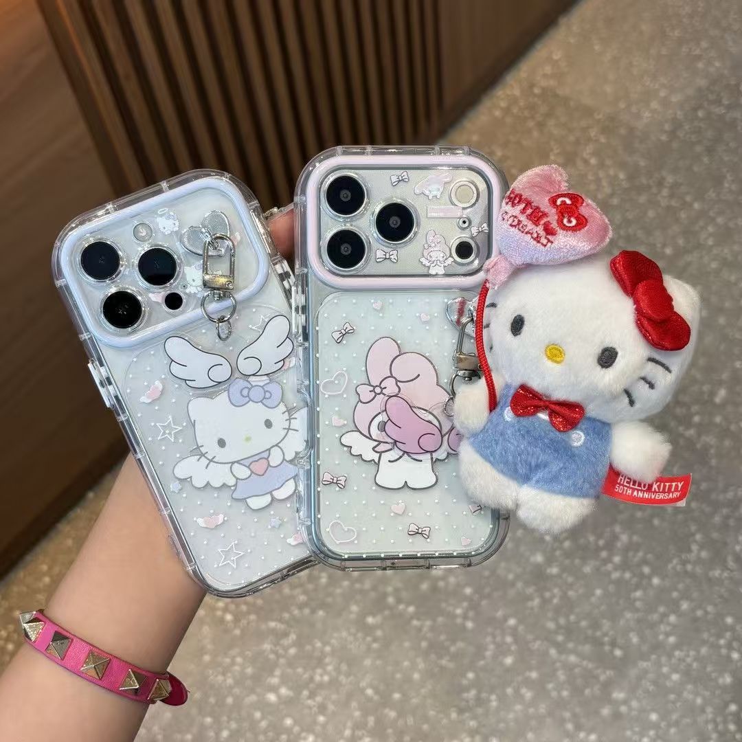 199.iPhone 15 Pro ケース 透明 クリア 天使チャーム付き カワイイ キャラクター風 スマホケース 取り外し可能チャーム エアバッグ 耐衝撃 レディース 落下防止