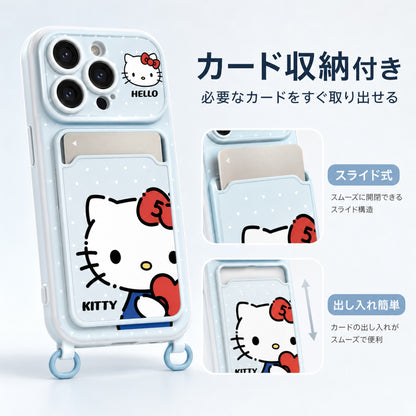 118.ブルー ドット柄ハローキティ カードポケット付きスマホケース 大きなレンズ窓 ソフトケース iPhone17ProMax/16/15/14/13 対応