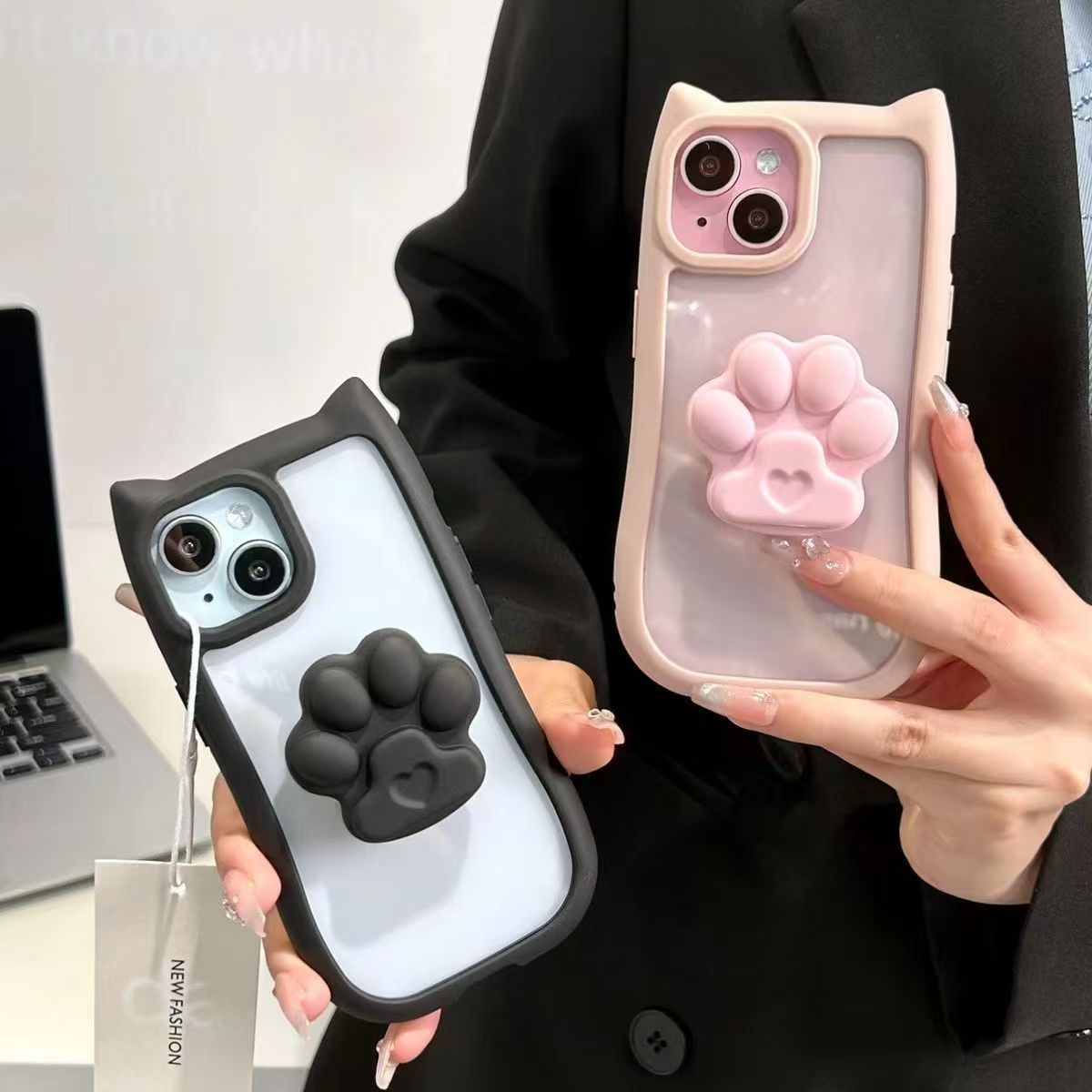 205.猫耳デザイン 肉球グリップ付き iPhone ケース 3 カラー 可愛い 韓国風 落下防止 スタンド機能付き スマホカバー