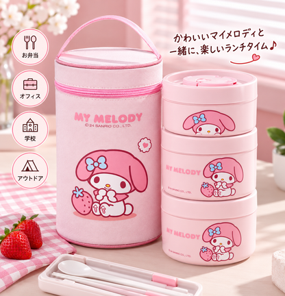157.シナモロール 3段 弁当箱 保温ランチジャー ステンレス ランチボックス 3個セット 保温バッグ付き 密閉 携帯 お弁当 通学 通勤