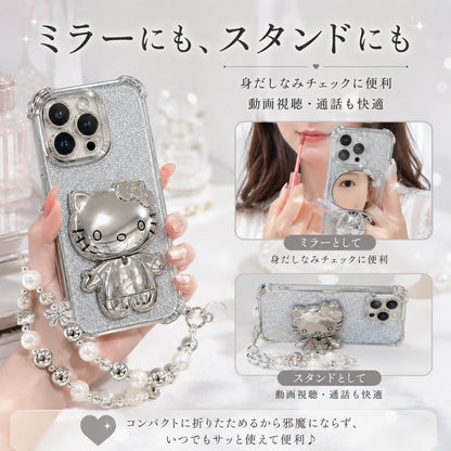 074.メッキ四隅耐衝撃 iPhone ケース キュートなハローキティ付きミラースタンド付き おしゃれデザイン
