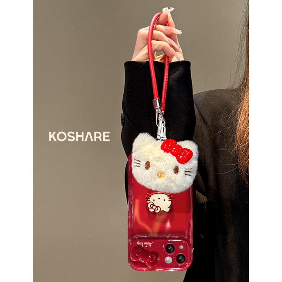 119.立体猫リボン ふわふわストラップ付き フリップミラースマホケース かわいいキャラクター iPhone16Pro/15/14/7/8 対応