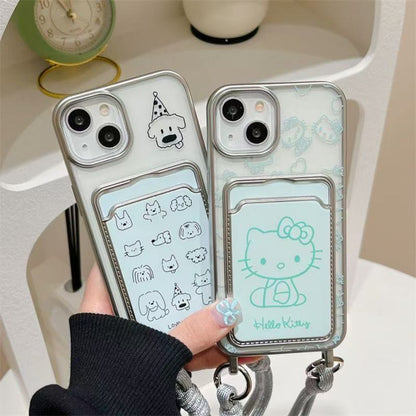 117.ミントグリーン ハローキティ カードポケット付きスマホケース ストラップ穴付き iPhone15ProMax/17/14Pro/13/12/15 対応 キャラクターケース