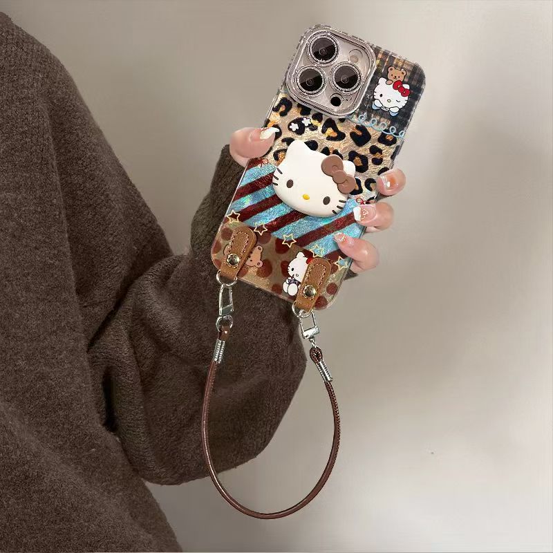 185.iPhone 15 Pro Max ケース ハローキティ 豹柄 チェック 斜め掛けストラップ付き 3D キャラクタースタンド機能 可愛い おしゃれ 耐衝撃 薄型 携帯カバー アイフォン 15 プロマックス