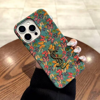 206.ヴィンテージ蝶々柄 布調 iPhone ケース レトロおしゃれ カメラ保護 落下防止 大人可愛い スマホカバー