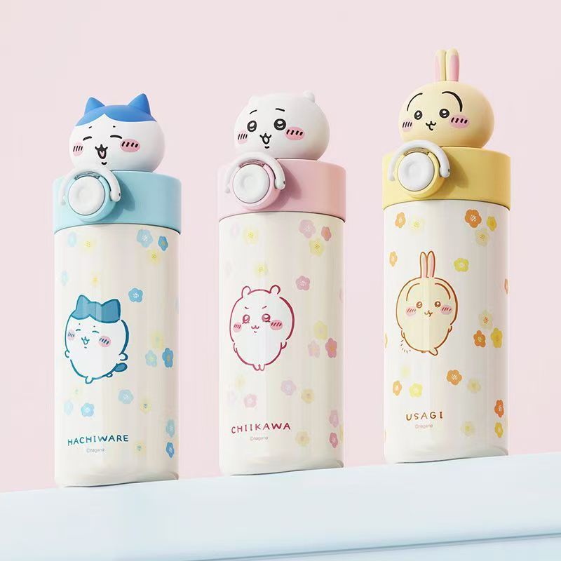 181.水筒 450ml 316 ステンレス 真空断熱 保温保冷 ワンタッチオープン 漏れ防止 立体キャラクター蓋 ストラップ付き 可愛いマグボトル 通勤通学 プレゼント 3 種類選択可
