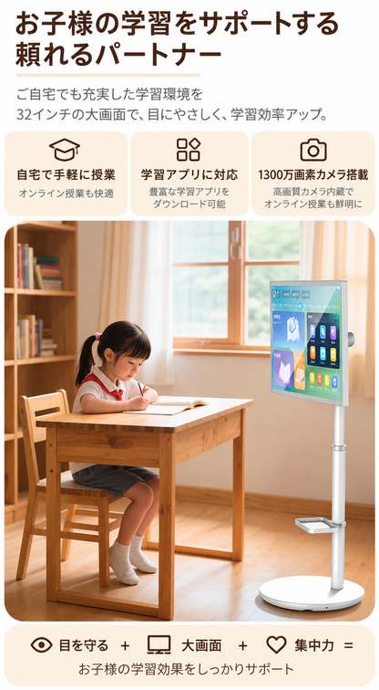 168.移動式スマートタッチディスプレイ 32 インチ キャスター付きスタンド一体型 自立型タブレット 動画視聴 ビデオ通話 リビング 寝室