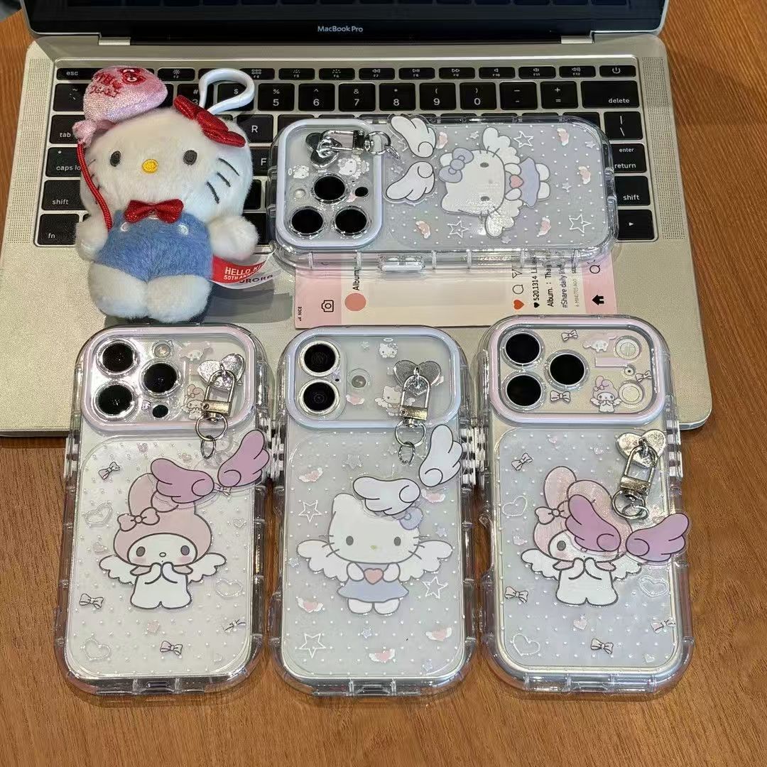 199.iPhone 15 Pro ケース 透明 クリア 天使チャーム付き カワイイ キャラクター風 スマホケース 取り外し可能チャーム エアバッグ 耐衝撃 レディース 落下防止