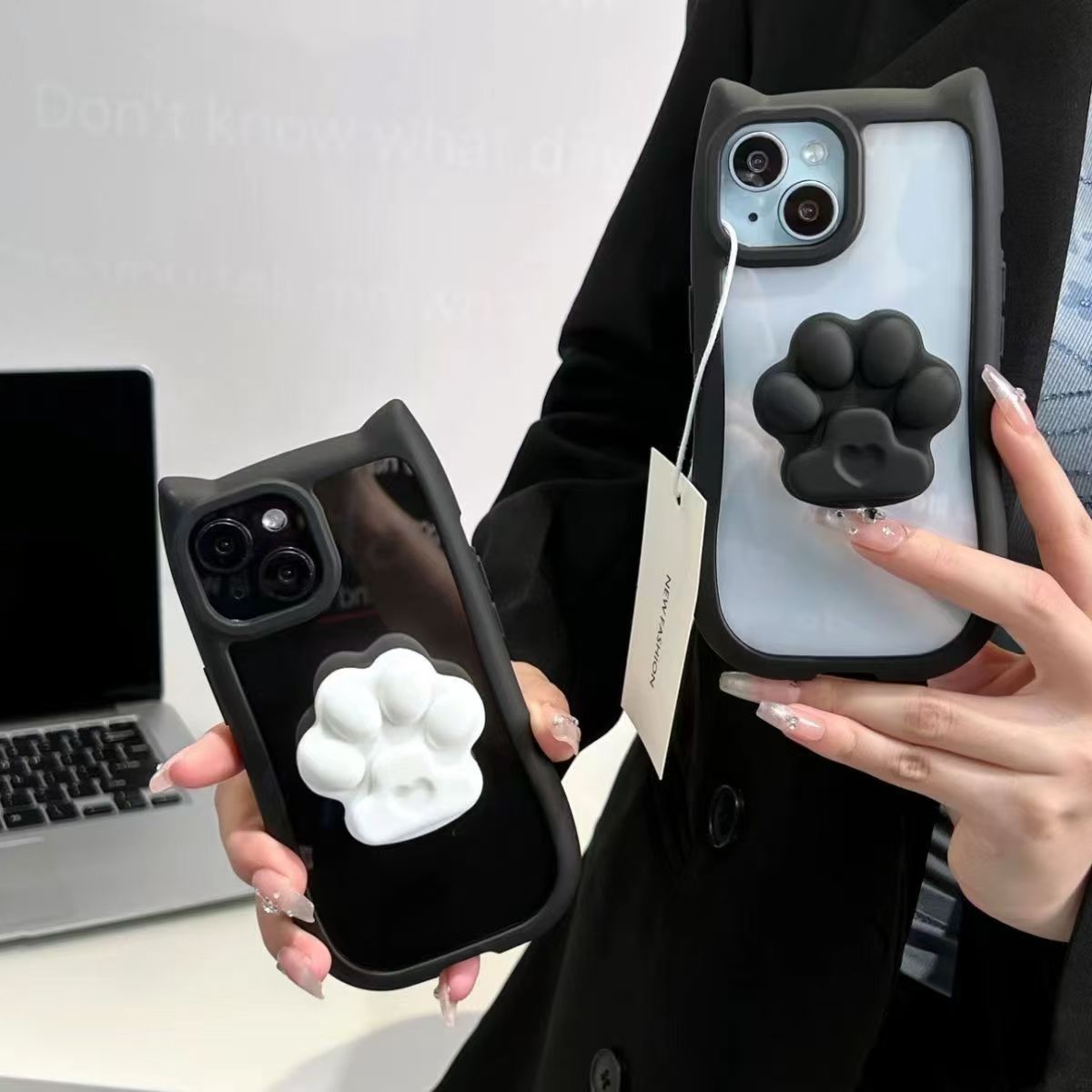 205.猫耳デザイン 肉球グリップ付き iPhone ケース 3 カラー 可愛い 韓国風 落下防止 スタンド機能付き スマホカバー