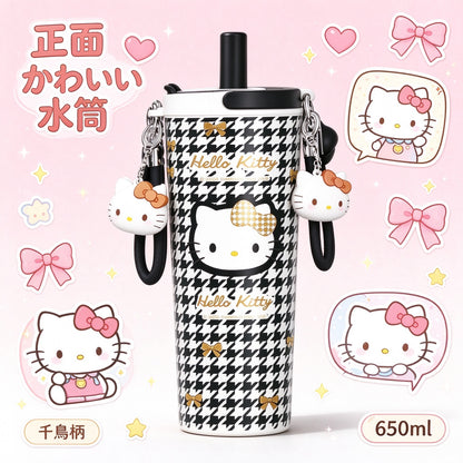 189.1Hello Kitty 水筒 650ml 真空断熱ステンレスボトル ストロー付き 千鳥柄 保冷保温 キーホルダー・ステッカー付き 漏れ防止 通勤 通学 プレゼント