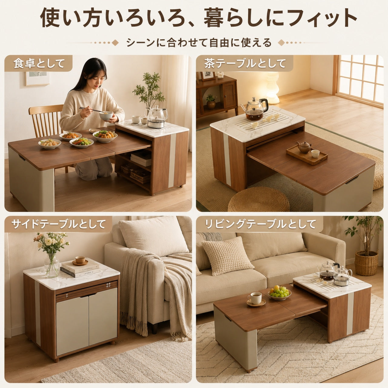 062.無垢材伸縮折り畳みテーブル｜移動式コーヒーテーブル兼食卓 ワンルーム・狭小住宅に最適