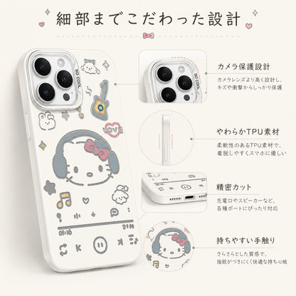 090.イヤホンをしたネコ柄 耐衝撃スマホケース iPhone17ProMax/16Plus/14/13 対応