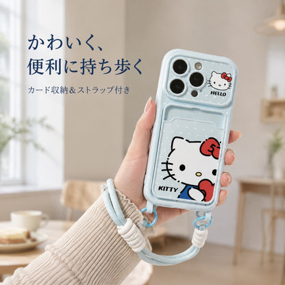 118.ブルー ドット柄ハローキティ カードポケット付きスマホケース 大きなレンズ窓 ソフトケース iPhone17ProMax/16/15/14/13 対応