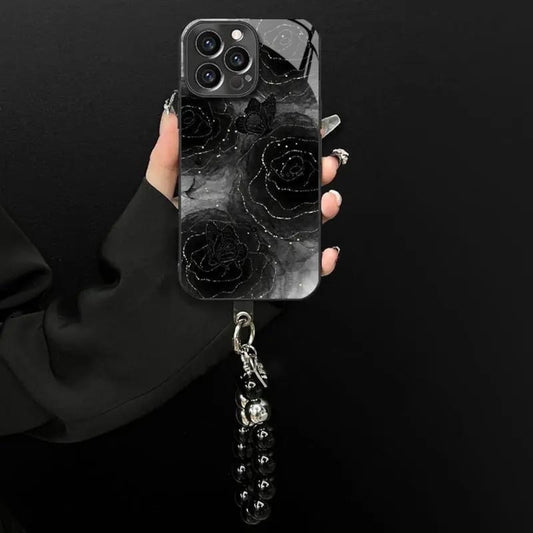 102.メタリック塗装 液状メッキガラス 高級感 ブラックローズデザイン iPhone シリーズ対応 スマホケース
