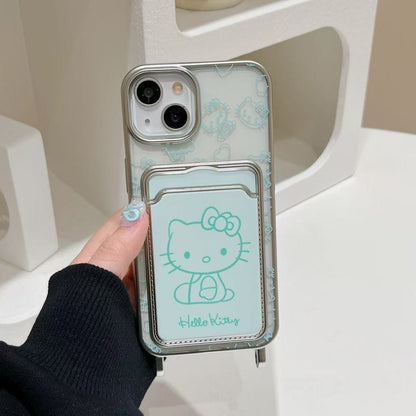 117.ミントグリーン ハローキティ カードポケット付きスマホケース ストラップ穴付き iPhone15ProMax/17/14Pro/13/12/15 対応 キャラクターケース