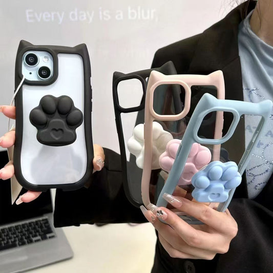 205.猫耳デザイン 肉球グリップ付き iPhone ケース 3 カラー 可愛い 韓国風 落下防止 スタンド機能付き スマホカバー