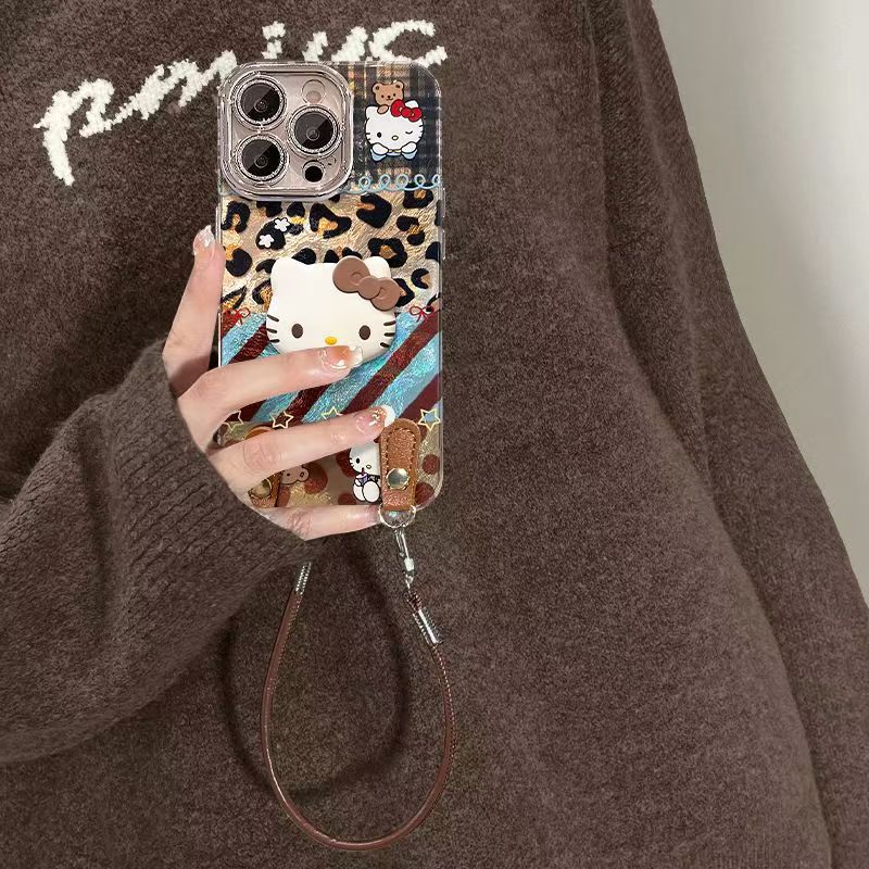 185.iPhone 15 Pro Max ケース ハローキティ 豹柄 チェック 斜め掛けストラップ付き 3D キャラクタースタンド機能 可愛い おしゃれ 耐衝撃 薄型 携帯カバー アイフォン 15 プロマックス