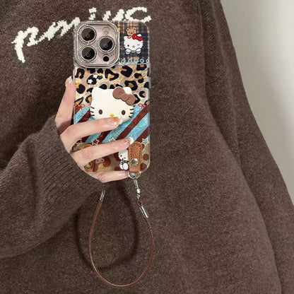 185.iPhone 15 Pro Max ケース ハローキティ 豹柄 チェック 斜め掛けストラップ付き 3D キャラクタースタンド機能 可愛い おしゃれ 耐衝撃 薄型 携帯カバー アイフォン 15 プロマックス