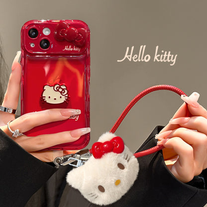 119.立体猫リボン ふわふわストラップ付き フリップミラースマホケース かわいいキャラクター iPhone16Pro/15/14/7/8 対応