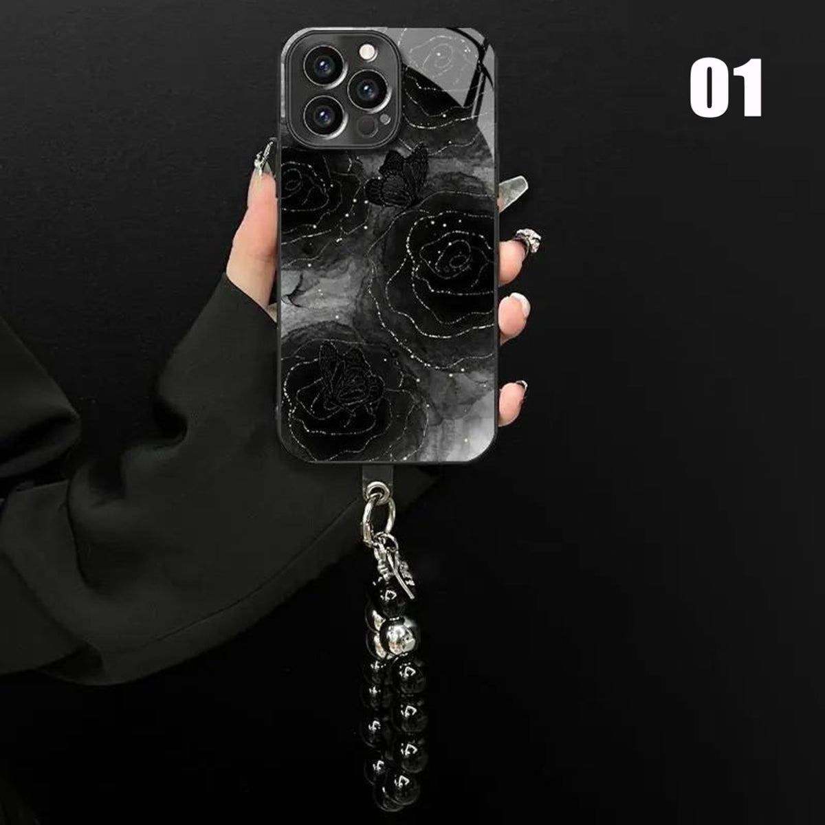 102.メタリック塗装 液状メッキガラス 高級感 ブラックローズデザイン iPhone シリーズ対応 スマホケース