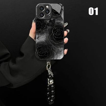 102.メタリック塗装 液状メッキガラス 高級感 ブラックローズデザイン iPhone シリーズ対応 スマホケース